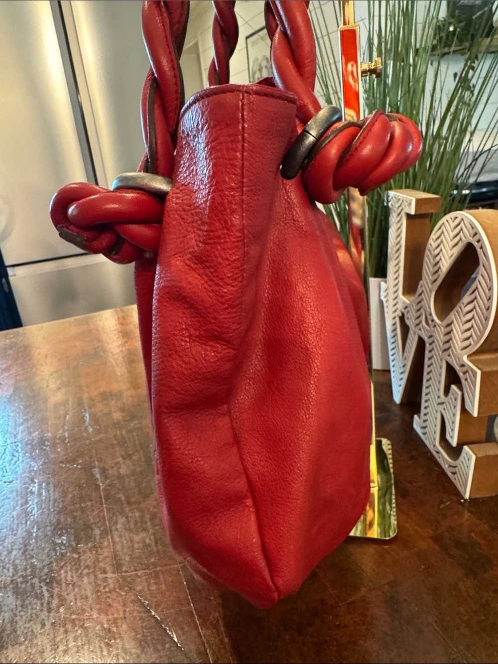 LUPO Barcelona Red Leather Hobo Tote - Signature Braided Strap Handbag - Picture 4 of 11